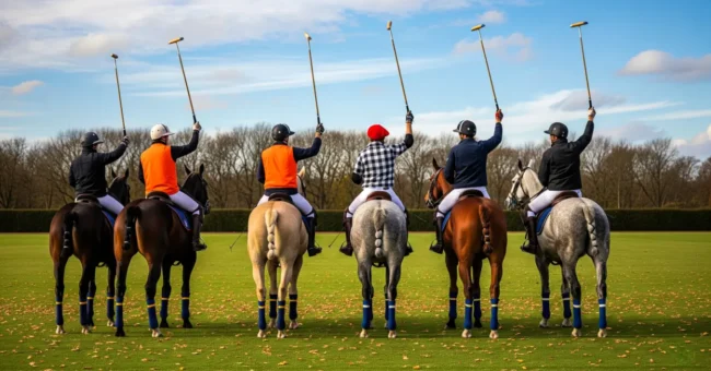 polo players on horseback raising mallets on a green field in Argentina, during a volunteer polo training session.