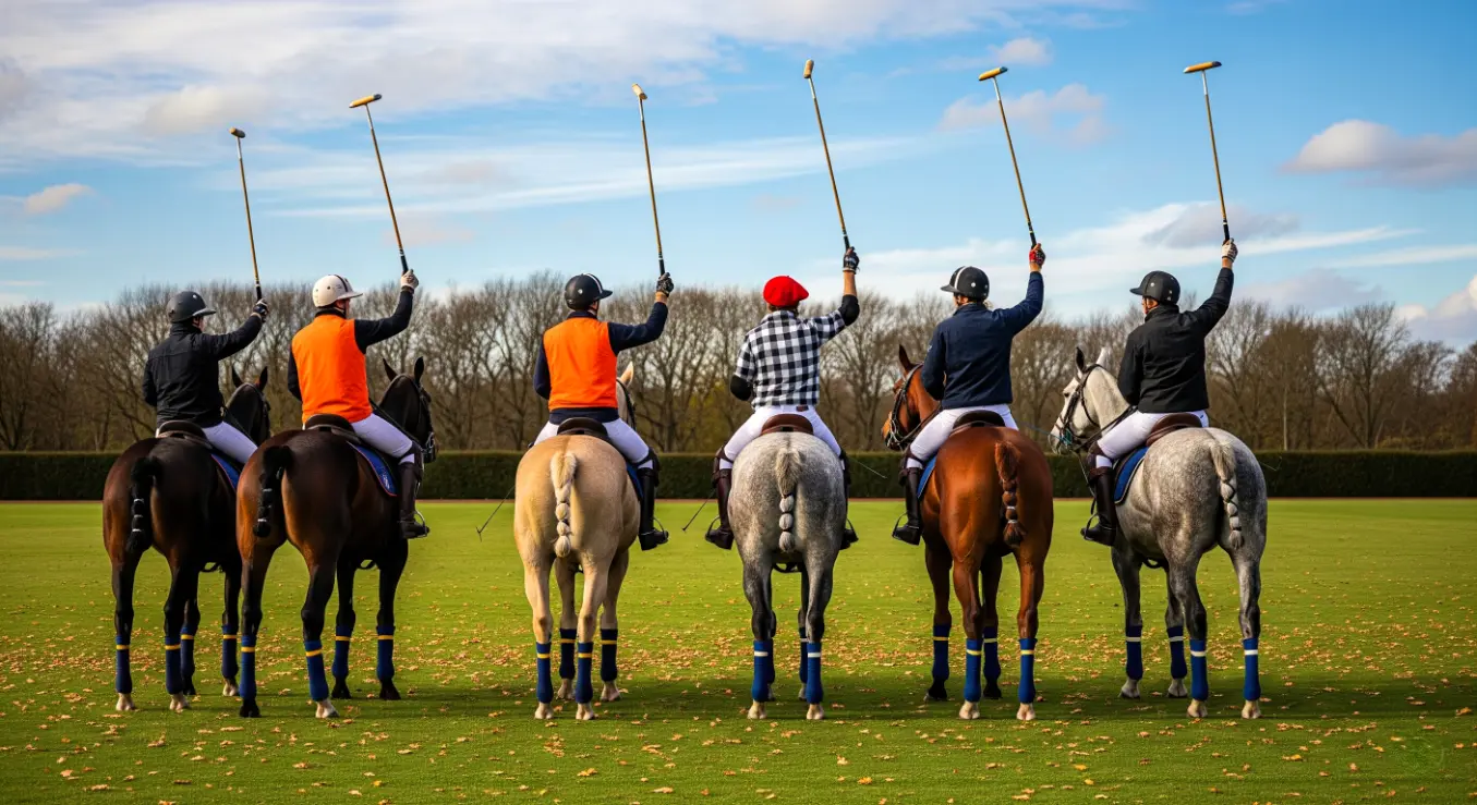 polo players on horseback raising mallets on a green field in Argentina, during a volunteer polo training session.