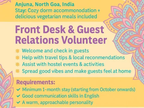 Colorful poster with floral mandala patterns announcing a volunteer opportunity at Hostel Mandala in Anjuna, North Goa, India. The role involves helping at the front desk and with guest relations. The image lists benefits like free dorm stay and vegetarian meals, along with requirements such as good English and a friendly attitude.