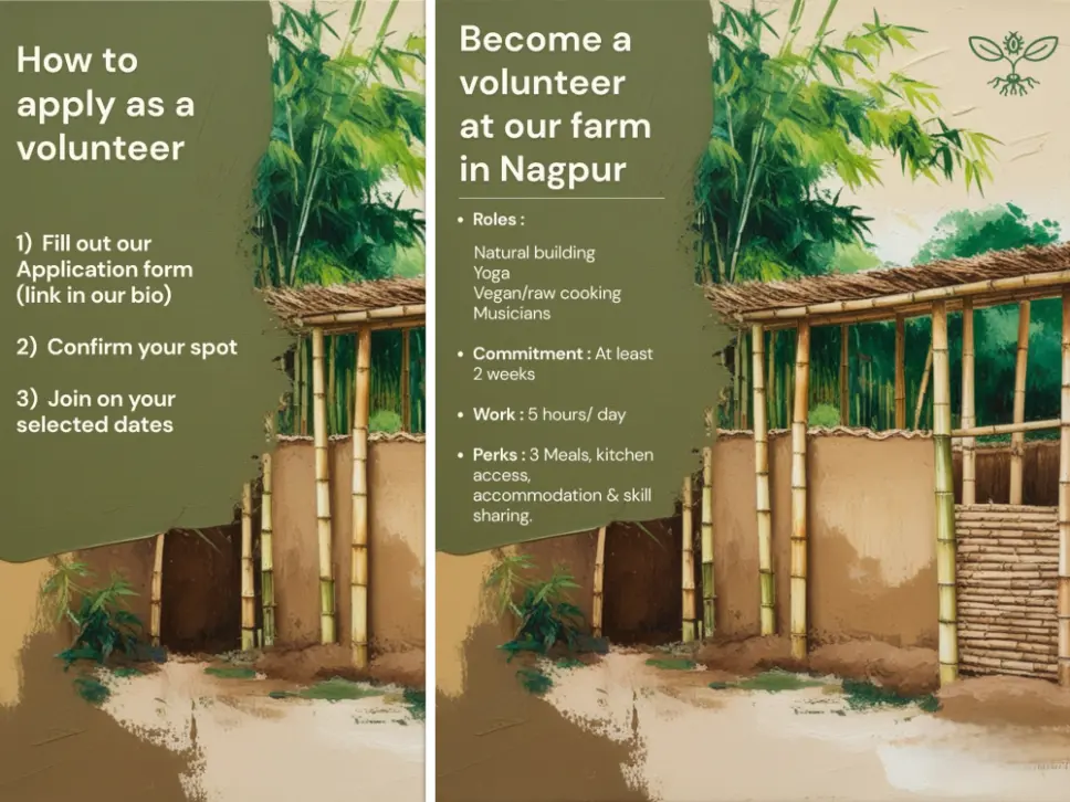 Poster for Jeev Jantu Farm in Nagpur showing a bamboo-and-earth structure; calls for volunteers for natural building, yoga, vegan/raw cooking and music; minimum two weeks, about five hours daily; meals, kitchen and accommodation included; simple form to apply.