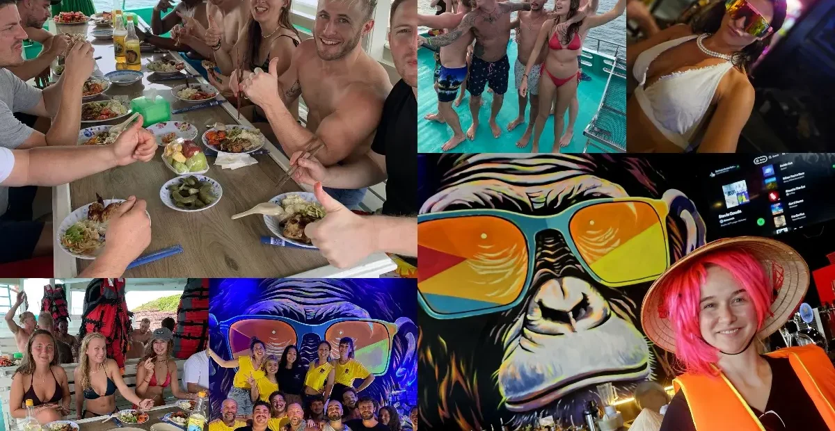 Group of international volunteers at Phu House Hostel in Phu Quoc, Vietnam, sharing meals, enjoying boat tours, parties, and live music while participating in a cultural exchange program.
