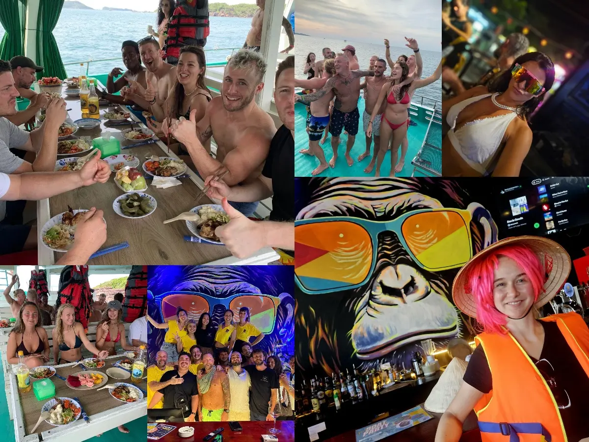 Group of international volunteers at Phu House Hostel in Phu Quoc, Vietnam, sharing meals, enjoying boat tours, parties, and live music while participating in a cultural exchange program.