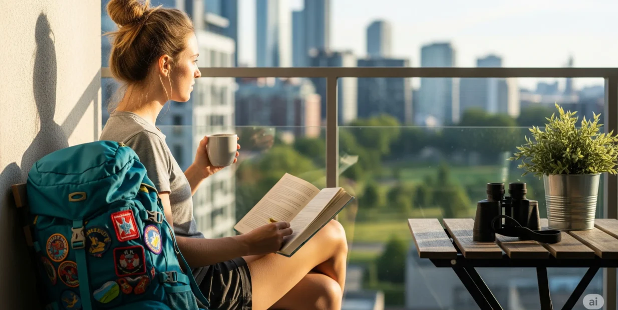 Young traveler on a sunny city balcony, reading with a mug in hand; a backpack covered in travel patches rests beside them, binoculars on the table, skyline and park beyond – a calm staycation moment.