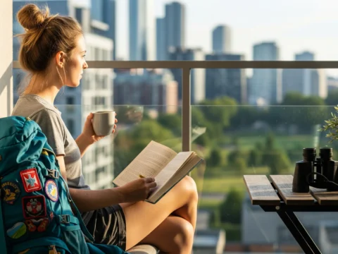 Young traveler on a sunny city balcony, reading with a mug in hand; a backpack covered in travel patches rests beside them, binoculars on the table, skyline and park beyond – a calm staycation moment.