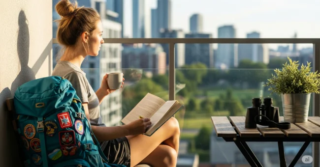 Young traveler on a sunny city balcony, reading with a mug in hand; a backpack covered in travel patches rests beside them, binoculars on the table, skyline and park beyond โ a calm staycation moment.