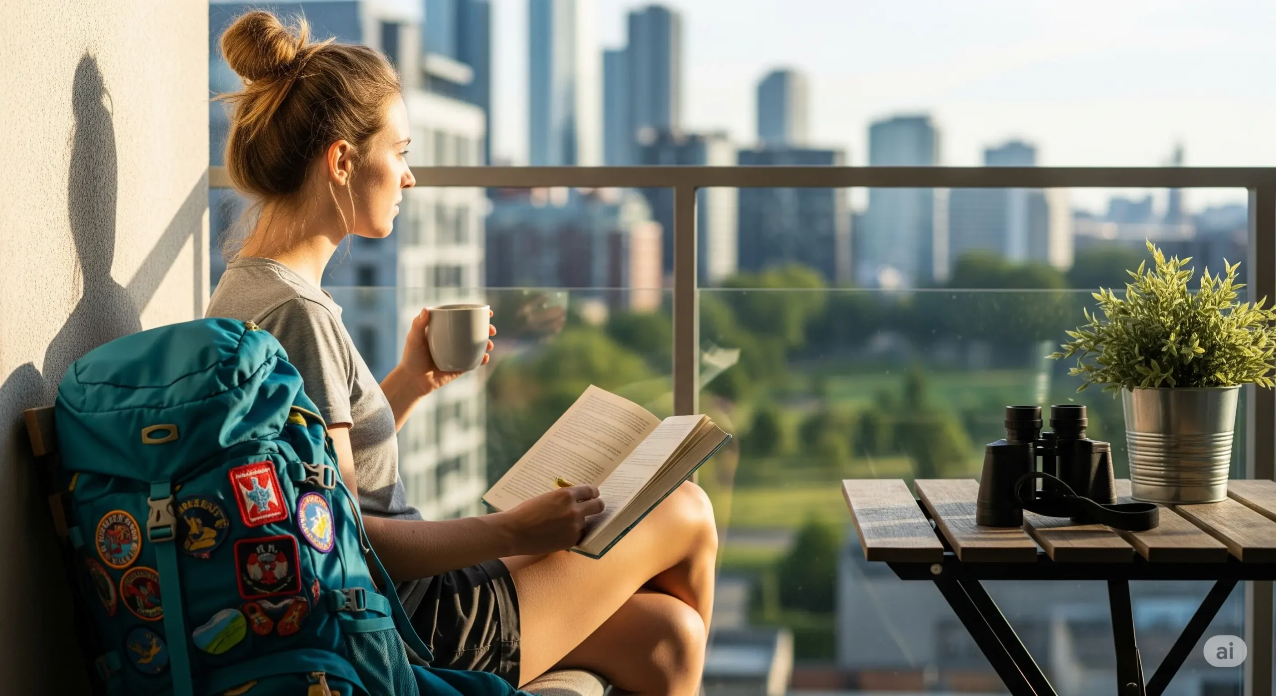 Young traveler on a sunny city balcony, reading with a mug in hand; a backpack covered in travel patches rests beside them, binoculars on the table, skyline and park beyond – a calm staycation moment.