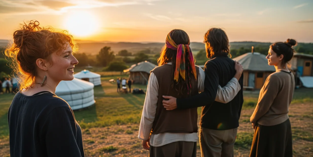 Young participants at sunset with yurts and cabins at Manas Garden ecovillage, Hungary, during the Ecovillage Gathering (GEN Europe Gathering 2025).