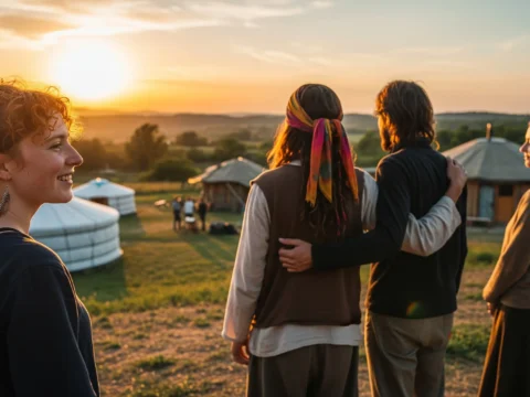 Young participants at sunset with yurts and cabins at Manas Garden ecovillage, Hungary, during the Ecovillage Gathering (GEN Europe Gathering 2025).