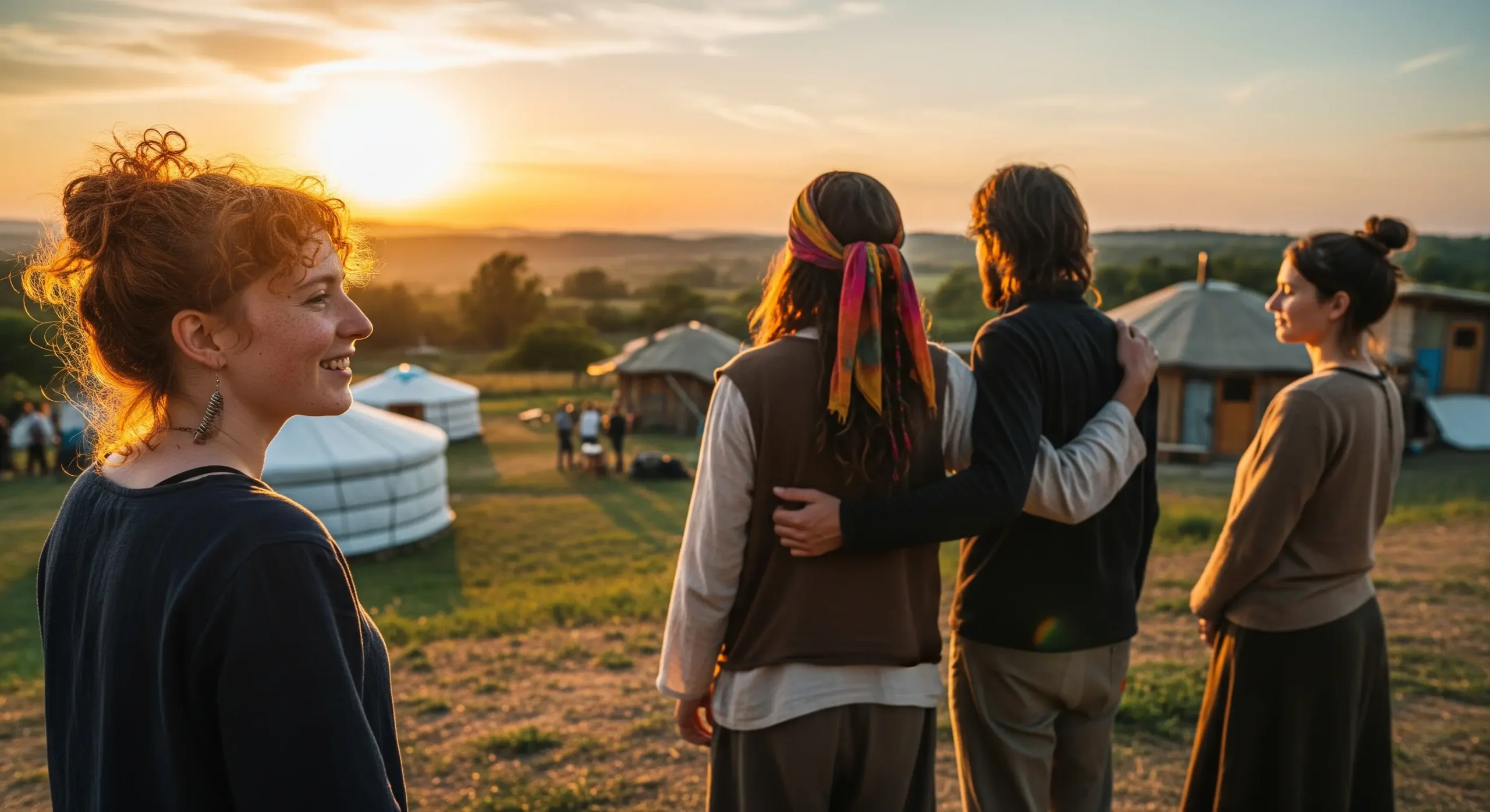 Young participants at sunset with yurts and cabins at Manas Garden ecovillage, Hungary, during the Ecovillage Gathering 2025.