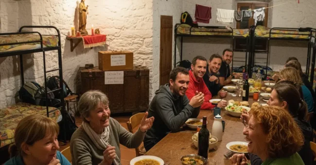 Communal donativo dinner at a Camino de Santiago albergue, pilgrims around a long table, sharing a simple meal in a rustic stone room with bunk beds and laundry. Donation box labeled “donativo,” warm hospitality and home-cooked food