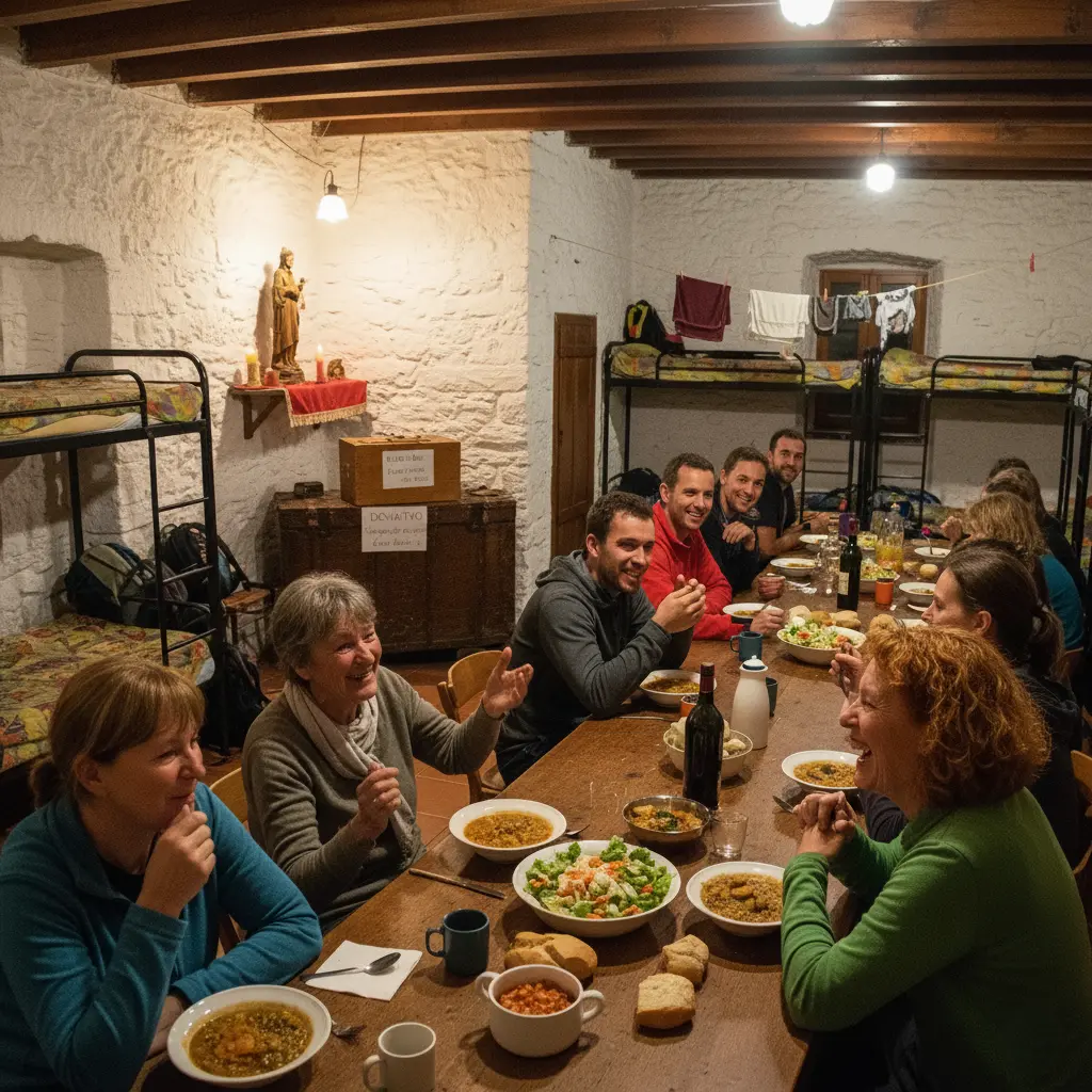 Communal donativo dinner at a Camino de Santiago albergue, pilgrims around a long table, sharing a simple meal in a rustic stone room with bunk beds and laundry. Donation box labeled “donativo,” warm hospitality and home-cooked food