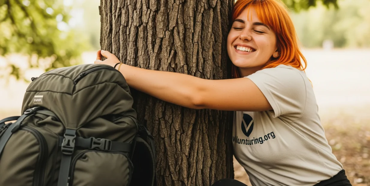Smiling volunteer with orange hair hugs a tree in a park beside a hiking backpack, illustrating tree hugging and nature mindfulness.