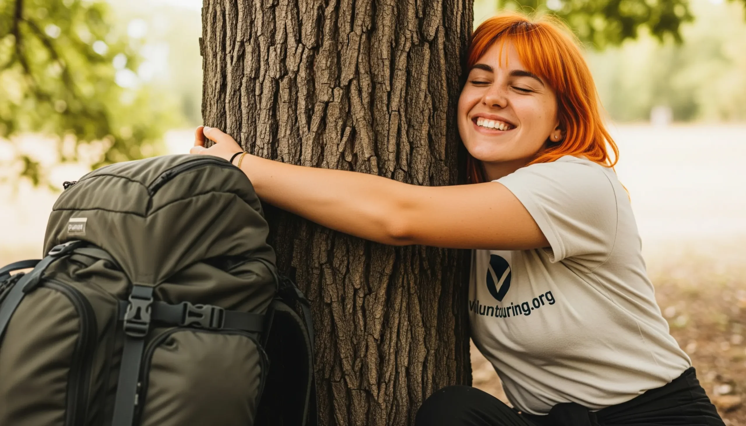 Smiling volunteer with orange hair hugs a tree in a park beside a hiking backpack, illustrating tree hugging and nature mindfulness.