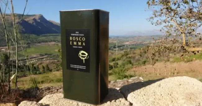 Bosco Emma extra-virgin olive oil tin with panoramic view of Segesta valley, Calatafimi Segesta, Trapani, Sicily.