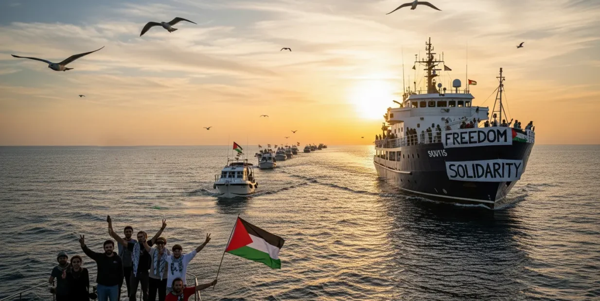 A convoy of boats from the Sumud Flotilla sails across the Mediterranean at sunset, with activists waving Palestinian flags and banners reading “Freedom” and “Solidarity.”
