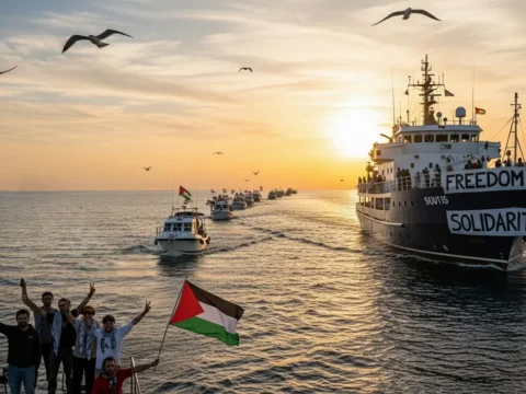 A convoy of boats from the Sumud Flotilla sails across the Mediterranean at sunset, with activists waving Palestinian flags and banners reading “Freedom” and “Solidarity.”