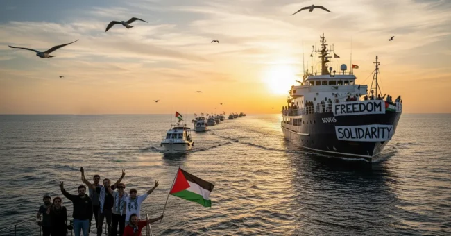 A convoy of boats from the Sumud Flotilla sails across the Mediterranean at sunset, with activists waving Palestinian flags and banners reading “Freedom” and “Solidarity.”