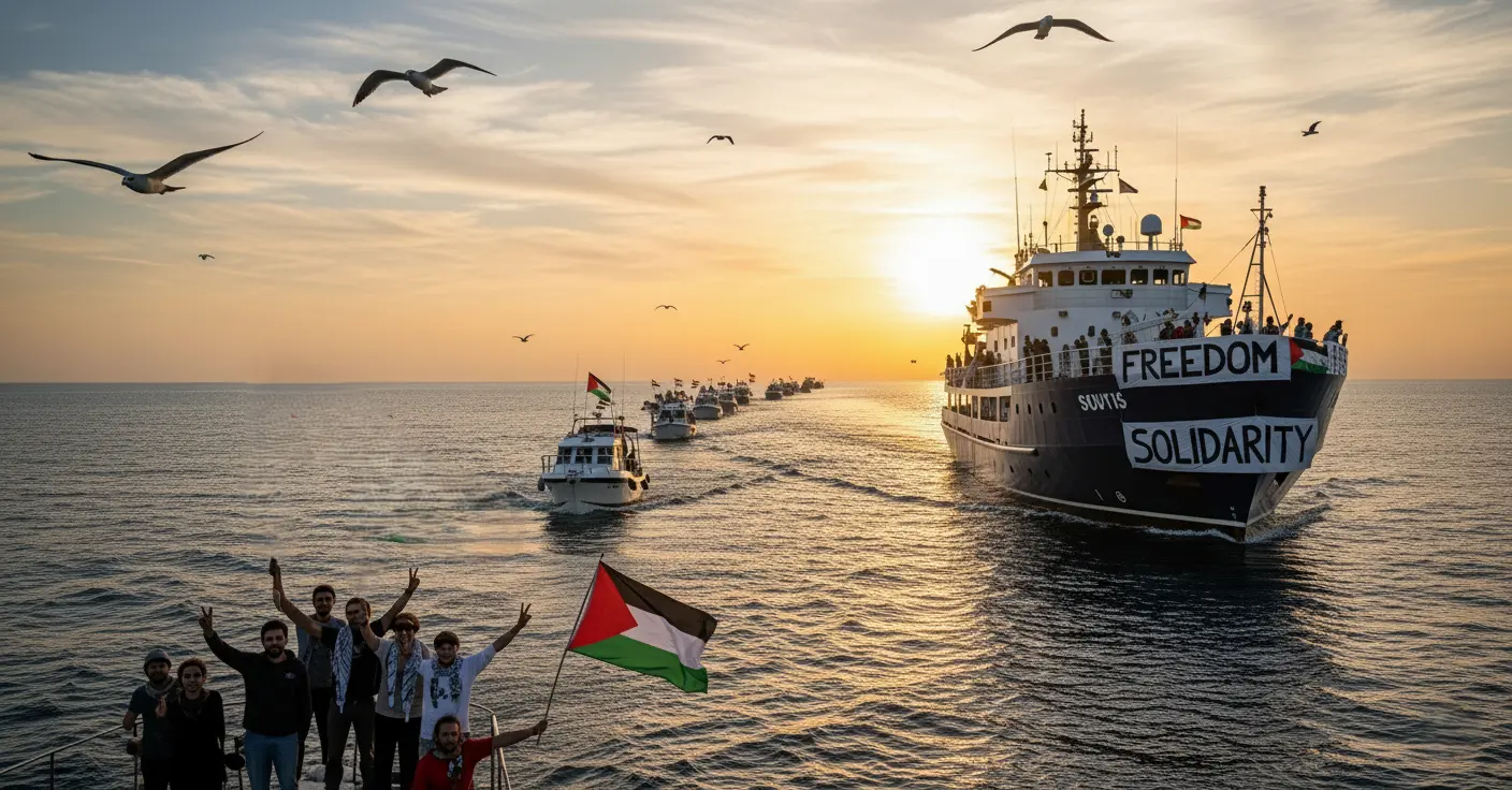 A convoy of boats from the Sumud Flotilla sails across the Mediterranean at sunset, with activists waving Palestinian flags and banners reading “Freedom” and “Solidarity.”