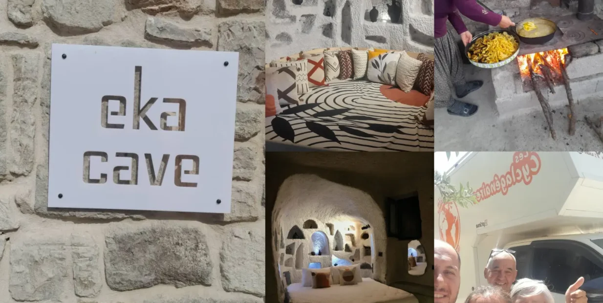 Eka Cave Maison in Cappadocia – stone sign, carved cave suite with niche shelves, local woman cooking on wood fire, and happy guests by a camper.