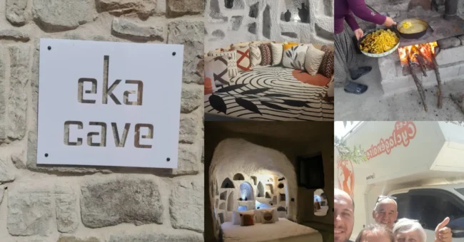 Eka Cave Maison in Cappadocia – stone sign, carved cave suite with niche shelves, local woman cooking on wood fire, and happy guests by a camper.