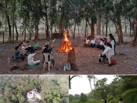 Volunteers at Jungli Nomad Village in South India: community campfire gathering in the forest, aerial view of the eco-village surrounded by dense jungle, and volunteers walking along a green forest path.