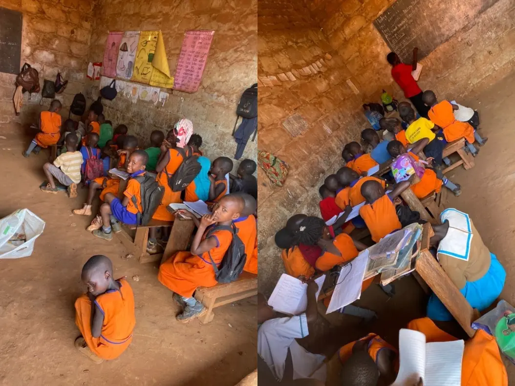 Collage of two photos showing young children in orange school uniforms sitting on wooden benches in a simple classroom with a dirt floor in Bugembe, Jinja, while a teacher writes on a chalkboard during a Mothers and Children Uganda lesson.