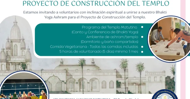 Bhakti Yoga volunteer program poster in Ticul, Yucatán, Mexico, promoting a temple construction project at an ashram (Sri Chaitanya Saraswat Math Ticul also styled as “El Templo Hindú”) with shared dorms, vegetarian meals, 5 hours a day.