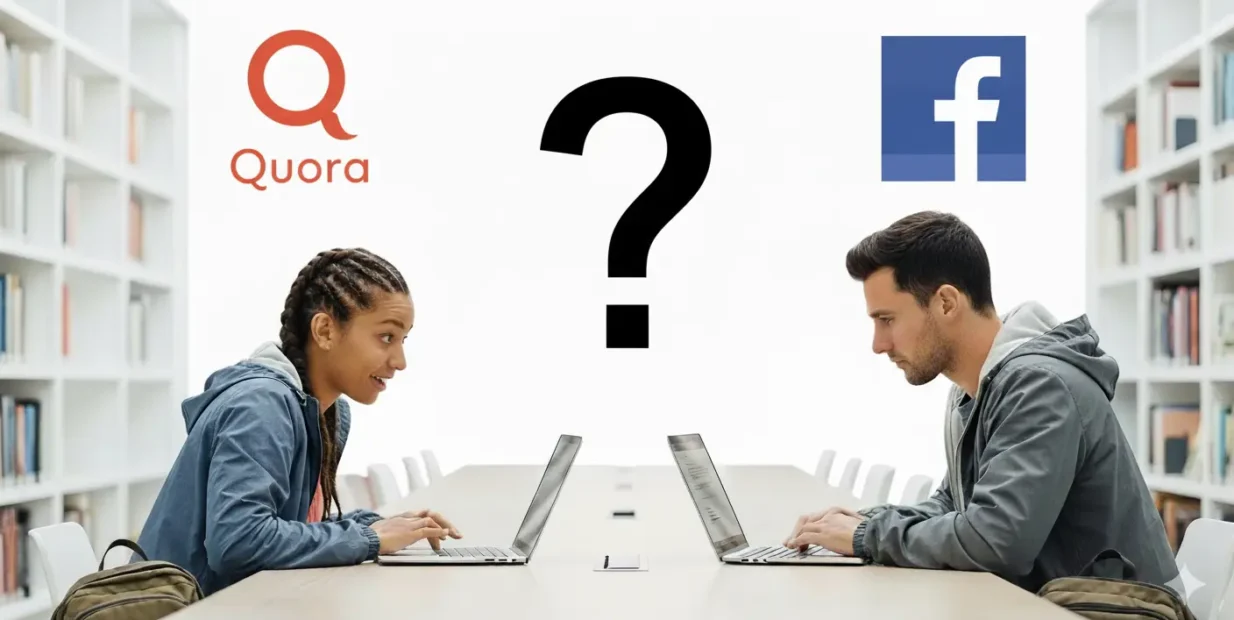 Quora vs Facebook content creator earnings comparison – woman and man facing each other with laptops, question mark and euro symbol between them.