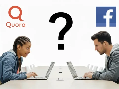Quora vs Facebook content creator earnings comparison – woman and man facing each other with laptops, question mark and euro symbol between them.