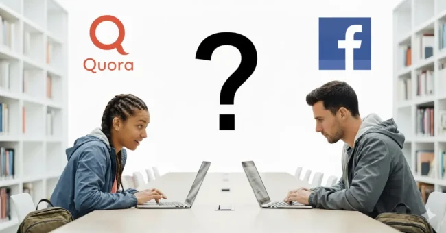 Quora vs Facebook content creator earnings comparison – woman and man facing each other with laptops, question mark and euro symbol between them.