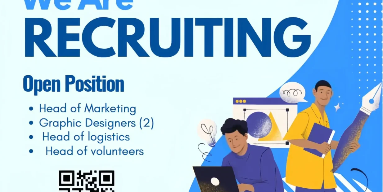 Blue recruiting poster: ‘We are Recruiting’ – Society of Youth Empowerment. Open positions: Head of Marketing, Graphic Designers (2), Head of Logistics, Head of Volunteers, with QR code.