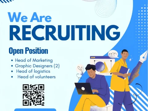 Blue recruiting poster: ‘We are Recruiting’ – Society of Youth Empowerment. Open positions: Head of Marketing, Graphic Designers (2), Head of Logistics, Head of Volunteers, with QR code.