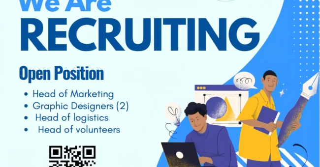 Blue recruiting poster: โWe are Recruitingโ โ Society of Youth Empowerment. Open positions: Head of Marketing, Graphic Designers (2), Head of Logistics, Head of Volunteers, with QR code.