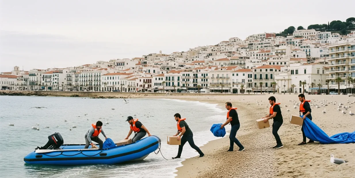Volunteers in orange life vests unload aid boxes and tarps from a small blue inflatable boat onto a Mediterranean beach, with a coastal city in the background.