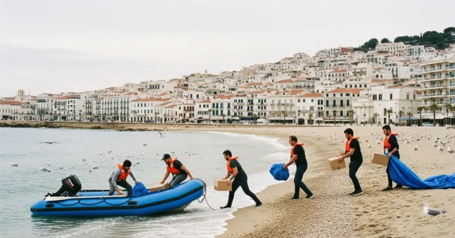 Volunteers in orange life vests unload aid boxes and tarps from a small blue inflatable boat onto a Mediterranean beach, with a coastal city in the background.