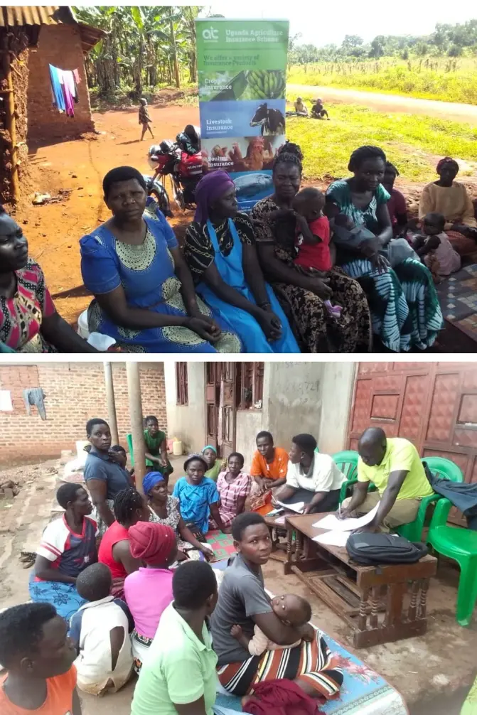 Collage of two photos showing Mothers and Children Uganda women’s groups in Jinja sitting together with their children during outdoor community meetings, where staff share information about health, livelihoods, and family support.
