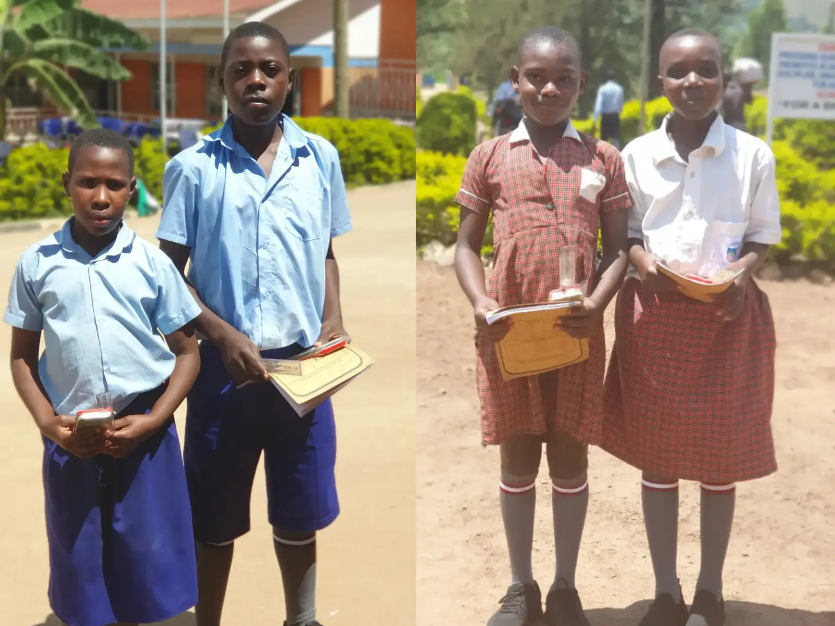 Students supported by the Educate Brass Foundation in Uganda holding notebooks and certificates after school activities.