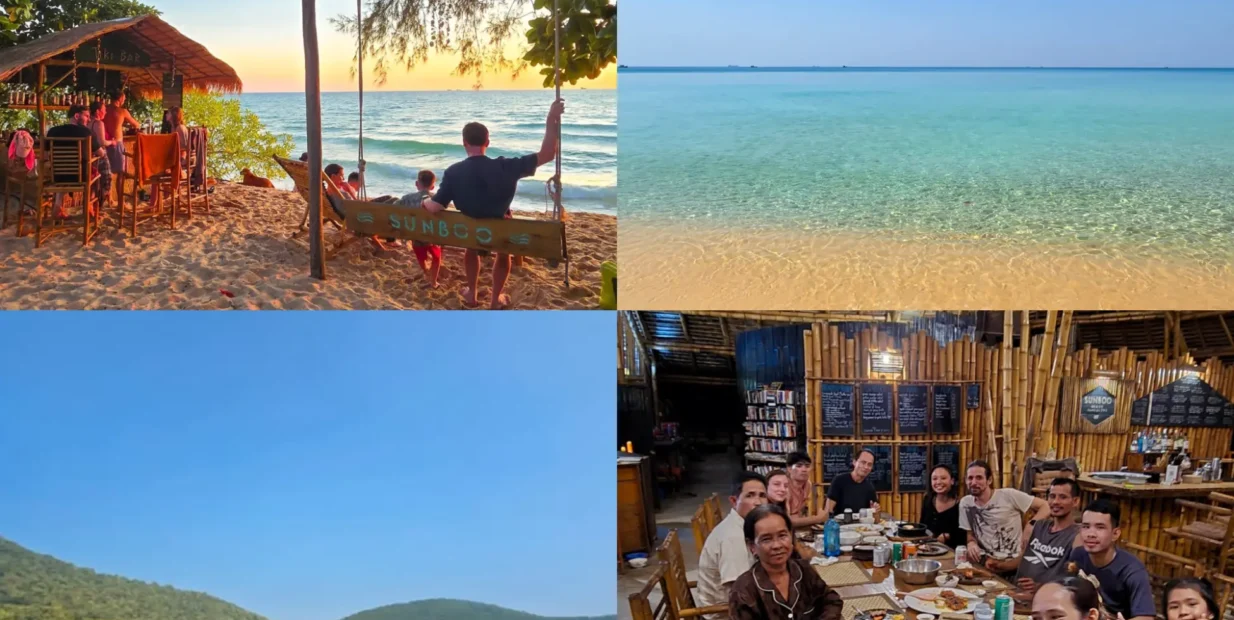 Sunboo Beach Bungalows, Sunset Beach, Koh Rong Sanloem, Cambodia — collage of beach bar at sunset with swing, turquoise calm sea, forested coastline, and bamboo restaurant with staff and guests dining.