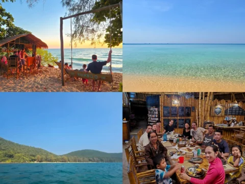 Sunboo Beach Bungalows, Sunset Beach, Koh Rong Sanloem, Cambodia — collage of beach bar at sunset with swing, turquoise calm sea, forested coastline, and bamboo restaurant with staff and guests dining.