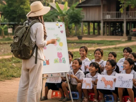 Volunteer teaching English to Vietnamese children outdoors in Dong Nai province, near Ho Chi Minh City, during a cultural and language exchange program.