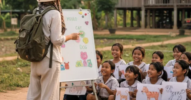 Volunteer teaching English to Vietnamese children outdoors in Dong Nai province, near Ho Chi Minh City, during a cultural and language exchange program.