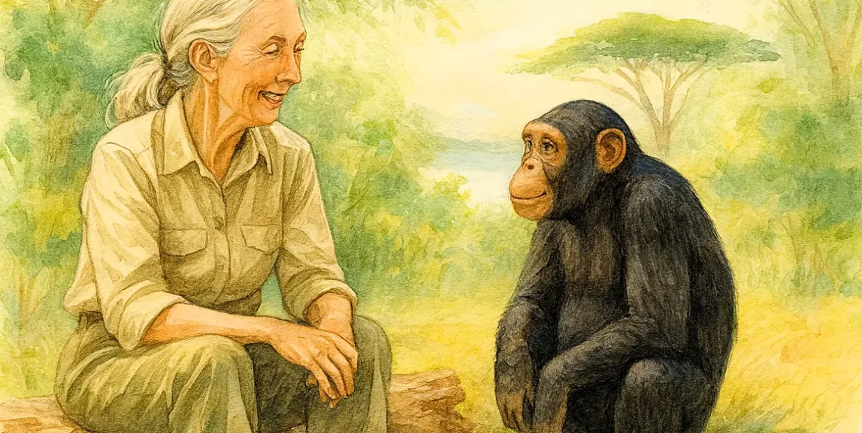 Watercolor illustration of Jane Goodall sitting with a chimpanzee in Gombe, symbolizing her pioneering work in primatology and wildlife conservation.