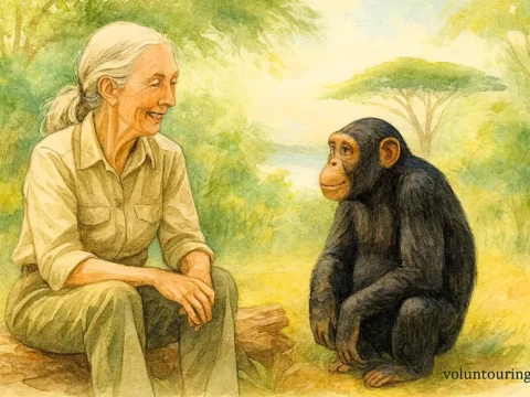 Watercolor illustration of Jane Goodall sitting with a chimpanzee in Gombe, symbolizing her pioneering work in primatology and wildlife conservation.