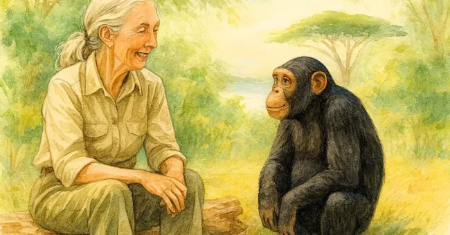 Watercolor illustration of Jane Goodall sitting with a chimpanzee in Gombe, symbolizing her pioneering work in primatology and wildlife conservation.
