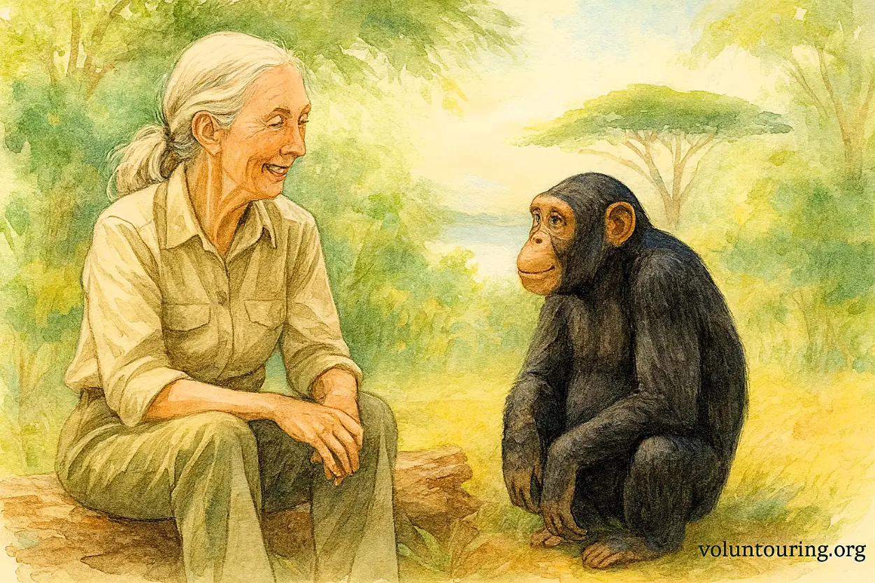 Watercolor illustration of Jane Goodall sitting with a chimpanzee in Gombe, symbolizing her pioneering work in primatology and wildlife conservation.