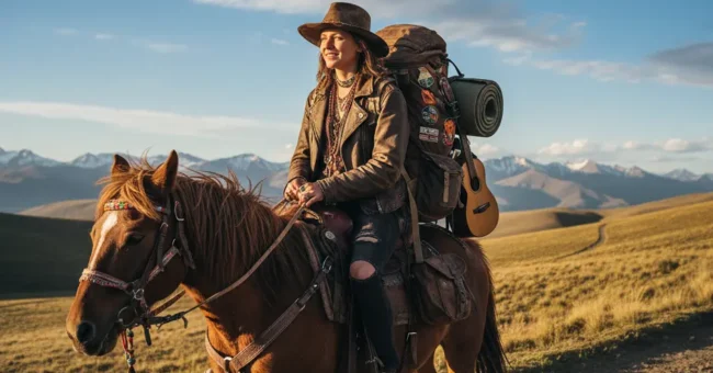 Horseback traveler in European mountains planning overnight stables and horse hotel stops along the route symbolizing slow travel on horseback in Europe with gear packed, en route to an overnight stable or horse motel