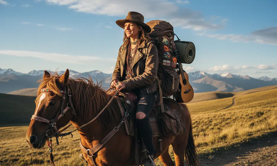 Horseback traveler in European mountains planning overnight stables and horse hotel stops along the route symbolizing slow travel on horseback in Europe with gear packed, en route to an overnight stable or horse motel