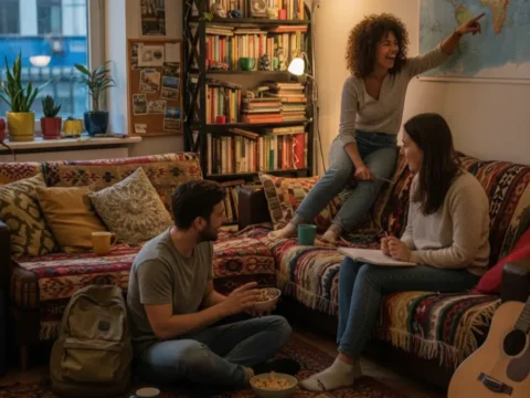 young travelers planning a trip on a cozy couch, pointing at a world map, representing the couch surfing community on Couchers