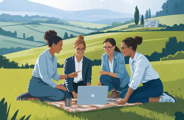 Illustration: queer volunteer project Germany at Hackspace Wendland, volunteers collaborating on a laptop in the Wendland countryside.