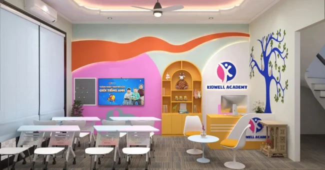 Volunteers needed in Hanoi, Vietnam - bright classroom images for Kidwell Academy; benefits listed: free accommodation, two meals/day; 2-month minimum.